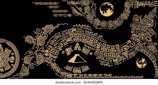  Symbols, letters, masks and pictures of the ancient Maya and Toltec civilization 
The Mayan alphabet. Ancient signs of America on a black background.