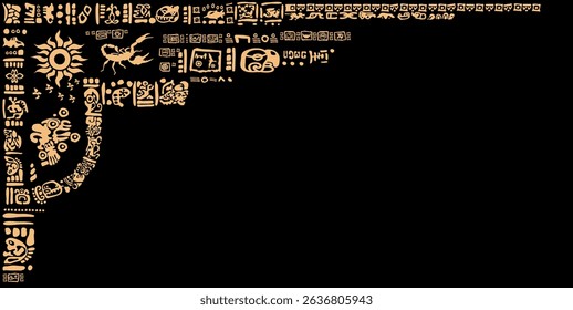  Symbols, letters, masks and pictures of the ancient Maya and Toltec civilization 
The Mayan alphabet. Ancient signs of America on a black background.