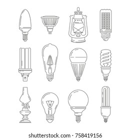 Symbols of light. Different bulbs. Mono line illustrations set. Vector light bulb lamp collection , lightbulb retro and innovation fluorescent