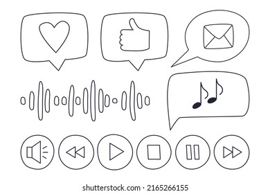 Symbole wie z.B. Nachrichten, Spielertasten - abspielen, Pause einlegen, anhalten. Schallwelle. Umrissdoodle. Schwarz-Weiß-Vektorgrafik einzeln auf weißem Hintergrund