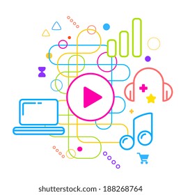 Symbols of listening to music on the computer on abstract colorful light background with different icons and elements. Line art.