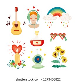 Symbols of love. Decorative elements set (guitar, girl with headphones, rainbow, candle, bottle, spectacles, helmet, chamomile)