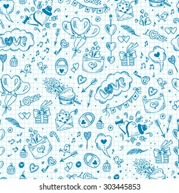 Symbols of love Seamless pattern. Hand drawn doodles Vector illustration. Happy Valentine's day. 