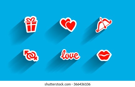 Symbols of love. Simple icons. Set of sticker with long shadow. Collection of vector symbolic signs