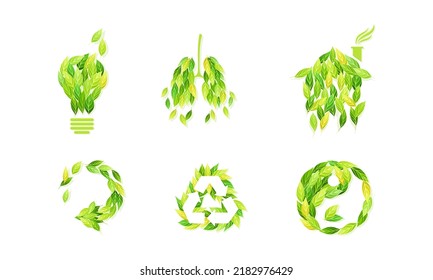 Symbols made of green leaves set. Yin yang, recycling, light bulb signs, logo, emblem, creative ecology design vector illustration