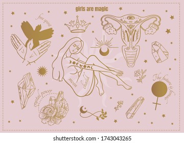 symbols of magic female power: girl, bird, crystals, flowers, infinity, vagina. set of linear tattoos, mystical, magical
