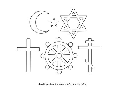 Symbols of major religions: Islam, Judaism, Catholicism, Buddhism and Christianity. World Interfaith Harmony Week. Images produced without the use of any form of AI software at any stage. 