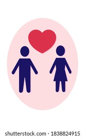 Symbols of a man and a woman with a heart between them. Couple in love. Minimalistic romantic poster