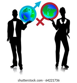 Symbols, the Man and the woman holding the globe.Vector