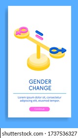 Symbols of a man and a woman lie on golden scales, an equal sign hangs between them. Libra shows the achievement of gender equality and the absence of oppression. Vector isometric illustration.