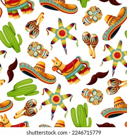 Symbols of Mexico seamless pattern vector illustration. Cartoon Mexican elements and festival party decoration, traditional hat sombrero and carnival skull mask, maraca and pinata, mustache and cactus