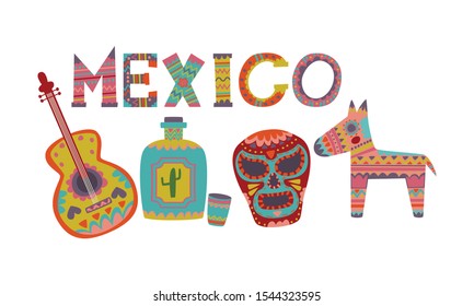 Symbols of Mexico with traditional painting. Vector illustration.