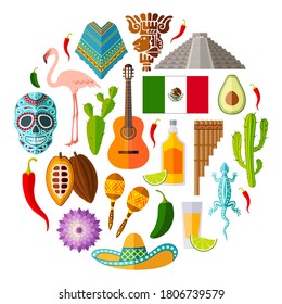 Symbols of mexico. Travel and tourism in Mexico. Vector landmark in flat style. Vacation banner or poster various elements.