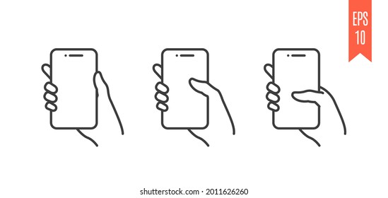 Símbolos del teléfono móvil con la mano sobre fondo blanco. Baje los símbolos para un smartphone. Conjunto de iconos aislados con movimiento en la pantalla táctil. Elementos de diseño de vectores, EPS10