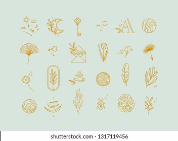 Symbols in modern minimalist style drawing on beige turquoise background