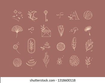 Symbols in modern minimalist style drawing on dark coral background.