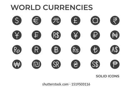 Symbols Of Money. World Currency Icon Such As Dollar, Euro, Yuan And Other Currencies. Vector Solid Icons.