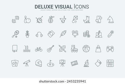 Symbols of music karaoke and craft sewing, video and photo camera, sport ball and bike, writing and chess thin black and red outline vector illustration. Hobby, games and leisure line icons set.