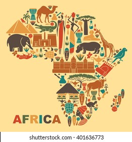 Symbols Of Nature, Culture And Architecture Of Africa In The Form Of A Map