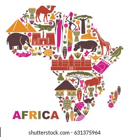 Symbols Of Nature, Culture And Architecture Of Africa In The Form Of A Map