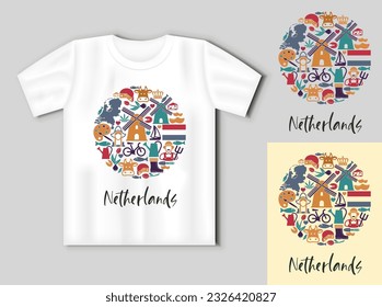 The symbols of the Netherlands in the shape of a circle. Travel concept with t-shirt mockup. Vector illustration