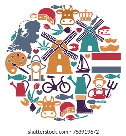 The symbols of the Netherlands in the shape of a circle. Vector illustration