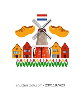 Símbolos de Holanda, tulipanes, casas, zapatos tradicionales de madera y molino de estilo gráfico. ilustración vectorial. casas, zapatos tradicionales de madera. Holland Travel.