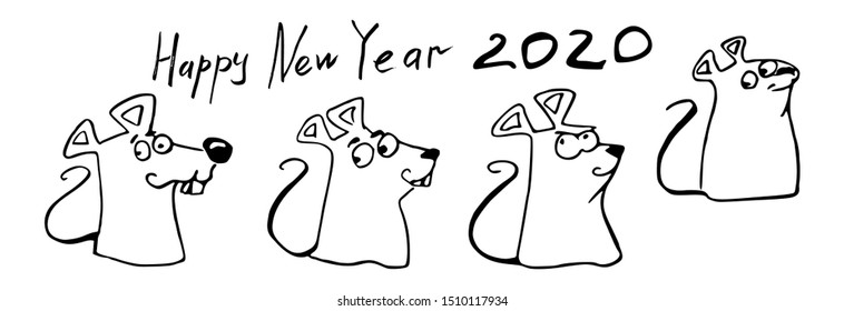 Symbols of New Year 2020 four little rats or mouse. Chinese Zodiac Sign Year of Rat. Happy new year 2020. Hand drawn new year greetings.  Cartoon vector illustration isolated on a white background.