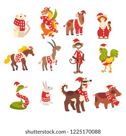 Symbols of New Year set, cute animals of Chinese horoscope in Santa Claus costumes vector Illustration on a white background