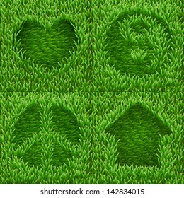 Symbols on green grass (Heart, Ying-Yang, Pacific, Home). Vector set.