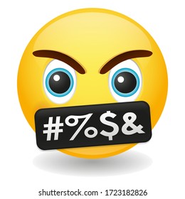 Symbols on Mouth Emoji Kawaii Face. Cussing Vector Design Art Trendy Communication. Chat Elements feeling obscenities.