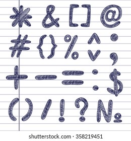 Symbols on notebook background. Commas, colons, exclamation mark, question mark. Punctuation