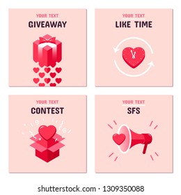 Symbols for online promotion in social networks with the image of red gift box, horn and heart-shaped clock for St. Valentine's Day