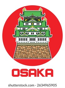 Symbols of Osaka Japan with Osaka castle drawing in colorful cartoon vector