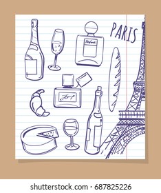 Symbols of Paris sketch. Vector popular french food, drinks and perfume icons