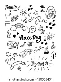 Symbols peace for International Peace Day.  Peace Day poster, icon and design elements in doodle style. Big set.