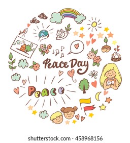 Symbols peace for International Peace Day. Peace Day poster, icon and design elements in doodle style. Big set. Peace Day concept. 