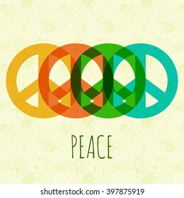 Symbols of peace on abstract background with leaves. Vector illustration