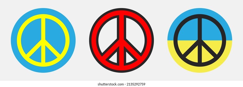 Symbole des Friedens und Beendigung des Krieges in der Ukraine. runde Symbole des Pazifismus. Weltfriedensstifter setzen sich ein. Anti-War-Logos-Kollektion. Einstellung der Feindseligkeit aller Menschen. Glücklichkeits- und Freiheitskonzept.