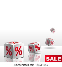 Symbols of percent on falling white cubes. Vector