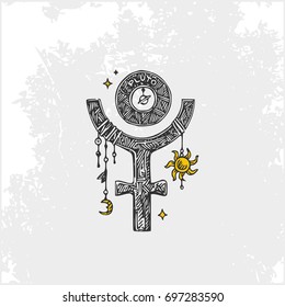 Symbols of the planets. Pluto. Vintage style. Vector illustration.