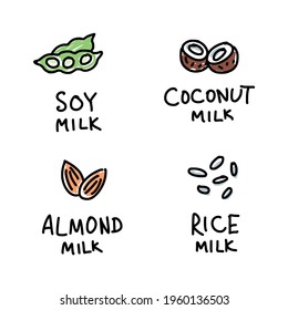 Symbols for plant milk: soy, coconut, almond, rice.