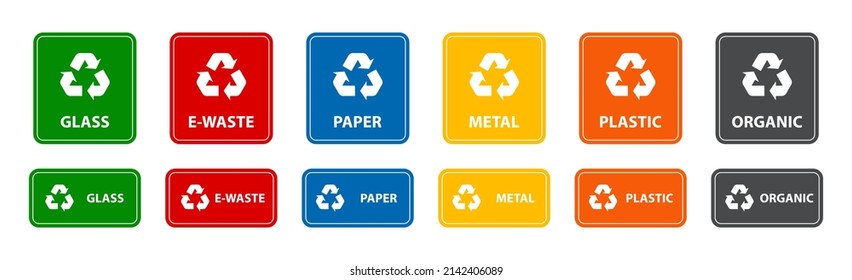 Símbolos de plástico, papel, vidrio, desechos electrónicos, metal, desechos orgánicos, etiquetas de reciclaje de basura para los contenedores. Vector. Señales e iconos para la clasificación de los contenedores y basuras de materiales. EPS10.