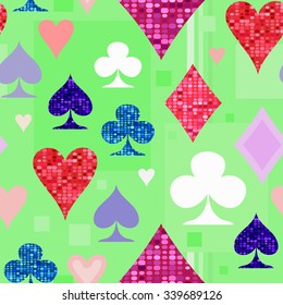 Symbols of playing cards on a light green background.