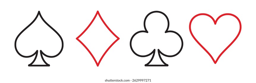 Símbolos de cartas de baralho. Espadas, paus, corações, diamantes isolados sobre um fundo branco. Ilustração vetorial