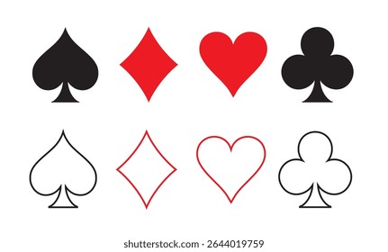 Símbolos de cartas de baralho. Espadas, paus, corações, diamantes isolados sobre um fundo branco. Ilustração vetorial