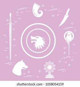 Symbols of the popular fantasy television series. Art and cinema theme.