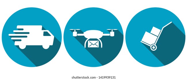 Symbols for post delivery truck, delivery drone and hand truck