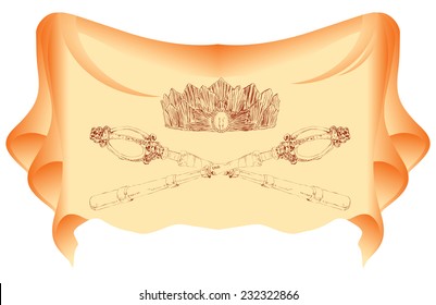 Symbols of power crossed scepters and crown.. Vector illustration.