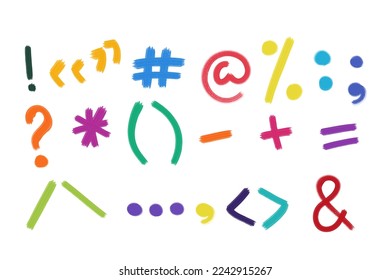 Symbols and punctuation marks drawn with a brush in doodle style, different colors of flowers, elements for infographics